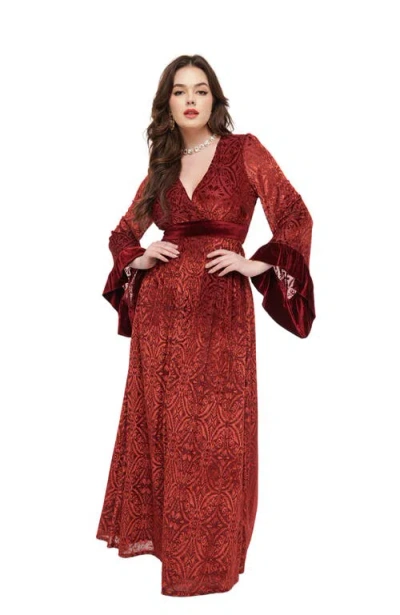 Unique Vintage Long Sleeve Empire Waist Maxi Dress In Burgundy