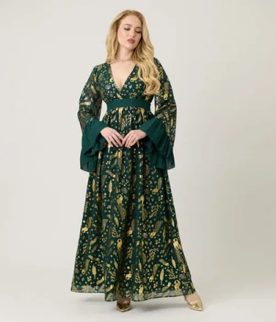 Unique Vintage Long Sleeve Empire Waist Maxi Dress In Green
