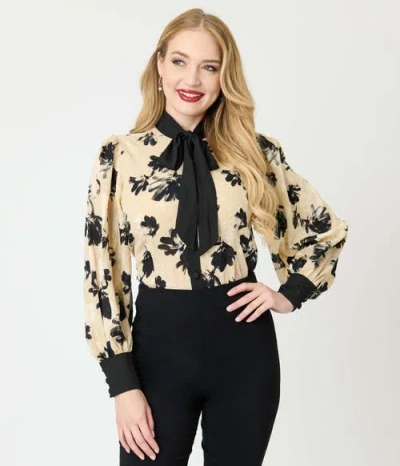 Unique Vintage Long Sleeve Neck Tie Gwen Blouse In Nude