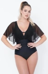 Unique Vintage Mesh Butterfly Sleeve Torrey One Piece Swimsuit In Black
