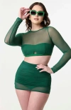 Unique Vintage Mesh Long Sleeve Swim Top In Green