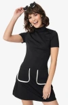 Unique Vintage Mock Neck Short Sleeve Wave Maker Shift Dress In Black