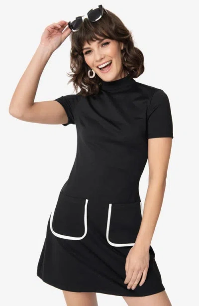 Unique Vintage Mock Neck Short Sleeve Wave Maker Shift Dress In Black
