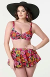 Unique Vintage Molded Cup & Bow Swim Top In Black Floral