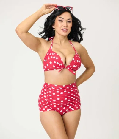 Unique Vintage Monroe Halter Bikini Top In Red