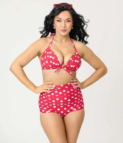 Unique Vintage Monroe High Waist Bikini Bottom In Red