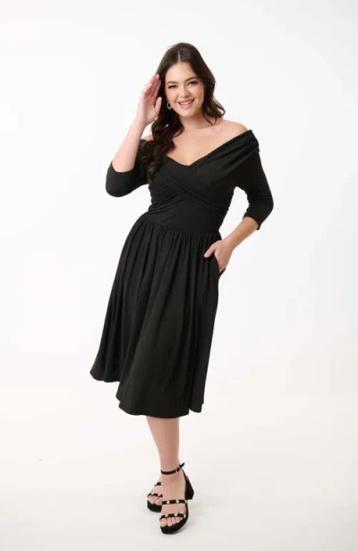 Unique Vintage Off Shoulder Swing Dress In Black