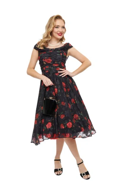 Unique Vintage Off The Shoulder Ruffle Cocktail Dress In Black Floral