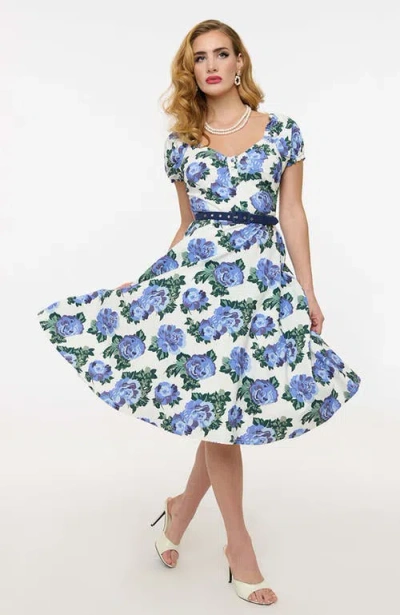 Unique Vintage Ohara Swing Dress In White & Blue Floral