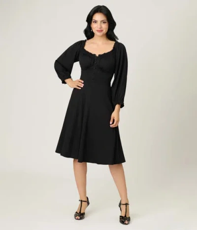 Unique Vintage Peasant Sleeve Swing Dress In Black