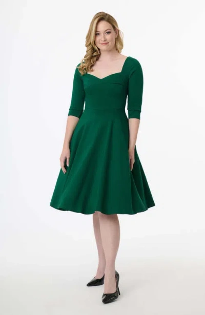 Unique Vintage Pleated Bust Swing Dress In Green
