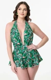 UNIQUE VINTAGE UNIQUE VINTAGE PLUNGE HALTER SKIRTED WENDY ONE PIECE SWIMSUIT