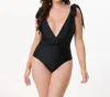 Unique Vintage Plunge One Piece Swimsuit In Black In Black