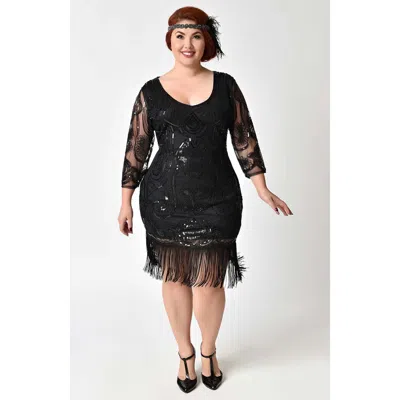 Unique Vintage Plus Size 1920s Margaux Flapper Dress In Black
