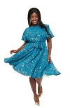 Unique Vintage Plus Size 1930s Swing Dress In Teal & Gold Stars