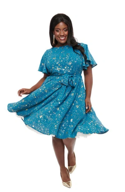 Unique Vintage Plus Size 1930s Swing Dress In Teal & Gold Stars