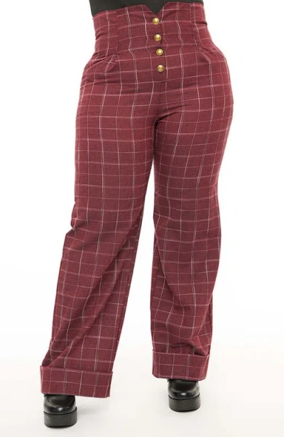 Unique Vintage Plus Size 1940s Buttoned Wide Leg Trousers In Burgundy Plaid