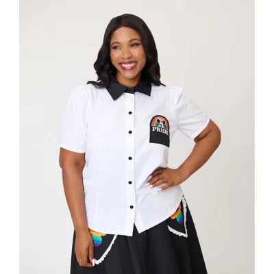 Unique Vintage Plus Size 1940s Collared Blouse In White Mickey Embroidered