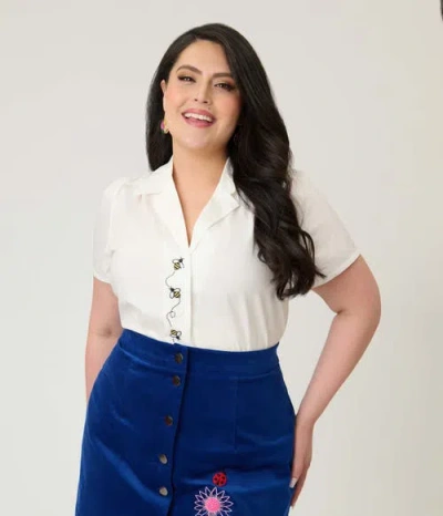 Unique Vintage Plus Size 1940s Notched Collar Blouse In White