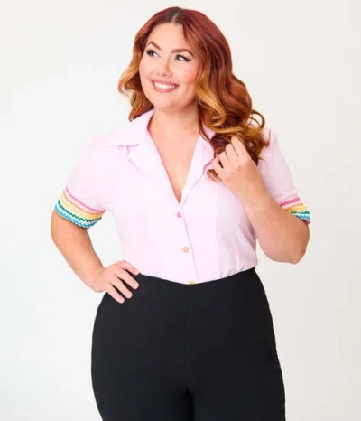 Unique Vintage Plus Size 1940s Short Sleeve Collared Button Down Woven Blouse In Pink