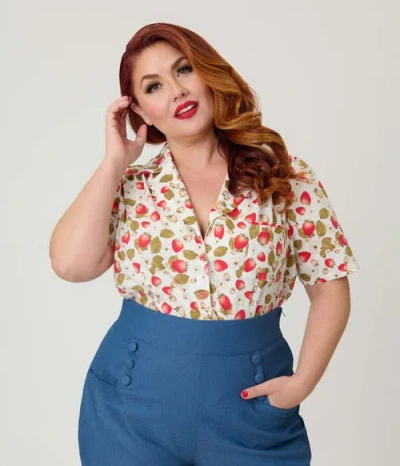 Unique Vintage Plus Size 1940s Short Sleeve Collared Button Down Woven Blouse In Multi