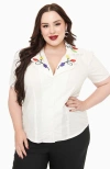 Unique Vintage Plus Size 1940s Short Sleeve Collared Button Down Woven Blouse In White
