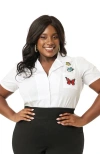 Unique Vintage Plus Size 1940s Short Sleeve Collared Button Down Woven Blouse In White Butterflies
