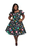 Unique Vintage Plus Size 1940s Sweetheart Button Front Swing Dress In Black Planet Print