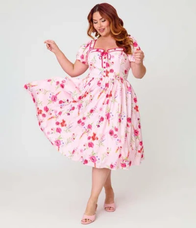 Unique Vintage Plus Size 1940s Sweetheart Button Front Swing Dress In Pink