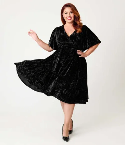 Unique Vintage Plus Size 1940s Velvet Flutter Sleeve Swing Dress In Black