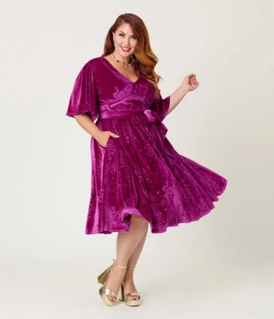 Unique Vintage Plus Size 1940s Velvet Flutter Sleeve Swing Dress In Purple