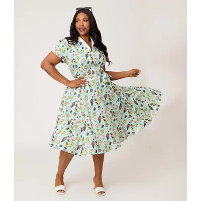 Unique Vintage Plus Size 1950s Collared Shirt Dress In Green