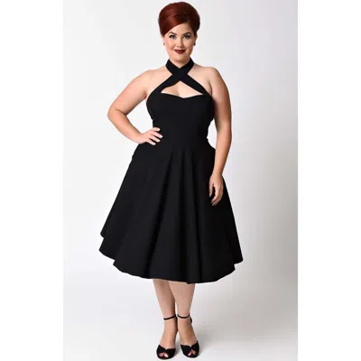 Unique Vintage Plus Size 1950s Criss Cross Halter Rita Flare Dress In Black