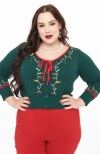 Unique Vintage Plus Size 1950s Crop Knit Cardigan In Green Holiday Lights