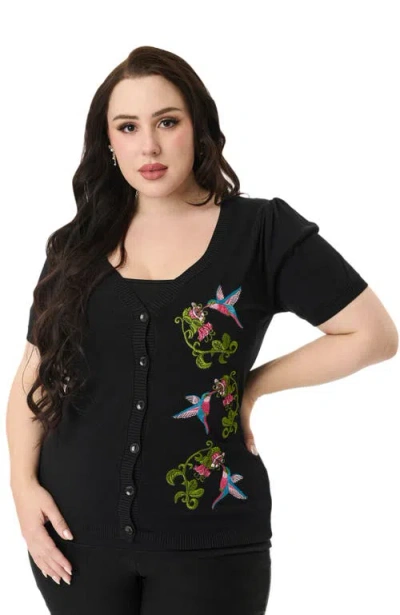 Unique Vintage Plus Size 1950s Embroidered Cardigan In Black Hummingbird