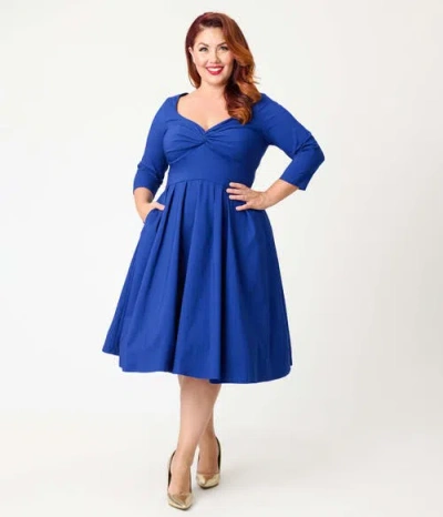 Unique Vintage Plus Size 1950s Front Twist Swing Dress In Blue