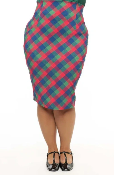Unique Vintage Plus Size 1950s High Waist Tracy Wiggle Skirt In Green/red Plaid
