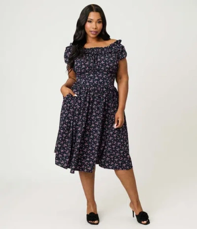 Unique Vintage Plus Size 1950s Off The Shoulder Ruffle Swing Dress In Blue
