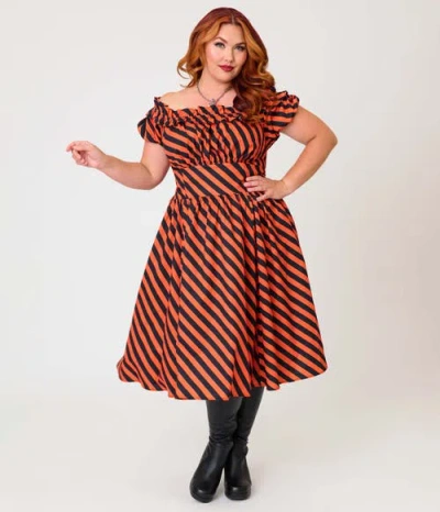 Unique Vintage Plus Size 1950s Off The Shoulder Ruffle Swing Dress In Orange