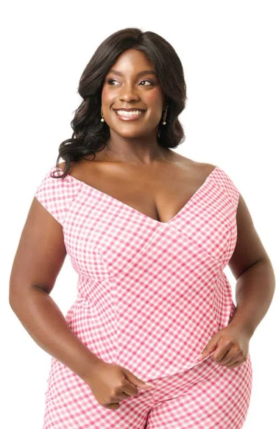 Unique Vintage Plus Size 1950s Off The Shoulder Violet Top In Pink Gingham