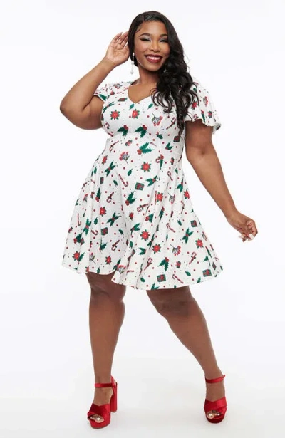 Unique Vintage Plus Size 1950s Poppy Flare Dress In Ivory Christmas Print