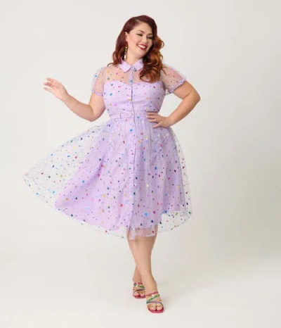 Unique Vintage Plus Size 1950s Short Sleeve Collared Hollie Swing Dress In Purple