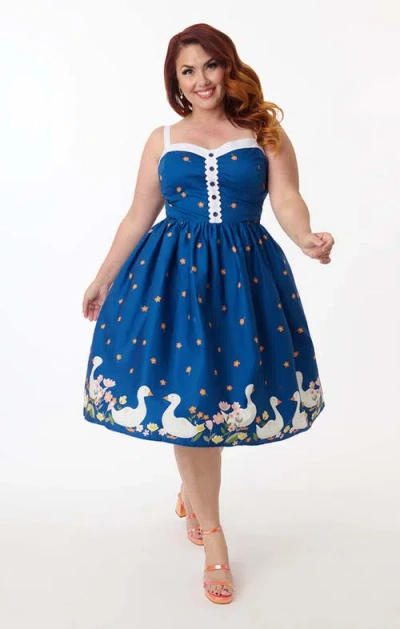 Unique Vintage Plus Size 1950s Sleeveless Swing Dress In Blue