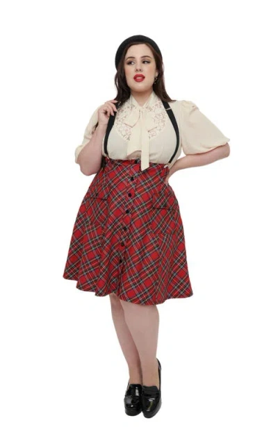 Unique Vintage Plus Size 1950s Suspender Flare Skirt In Red Plaid