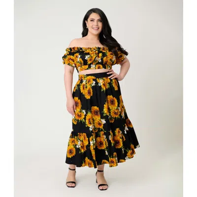 Unique Vintage Plus Size 1950s Tiered Midi Skirt In Black
