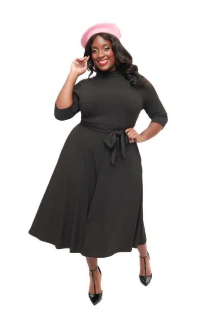 Unique Vintage Plus Size 1950s Turtleneck Fit & Flare Dress In Black