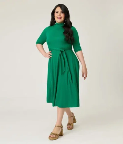 Unique Vintage Plus Size 1950s Turtleneck Midi Dress In Green