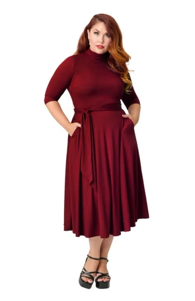 Unique Vintage Plus Size 1950s Turtleneck Midi Dress In Burgundy