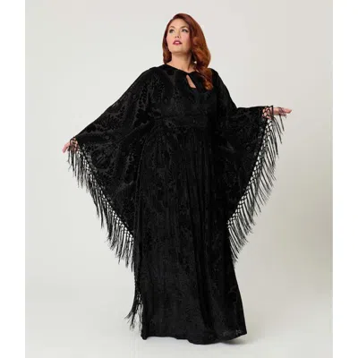 Unique Vintage Plus Size 1960s Fringe Flutter Sleeve Caftan In Black