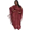 Unique Vintage Plus Size 1960s Fringe Flutter Sleeve Caftan In Burgundy